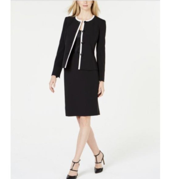 Le Suit Piped-Trim Skirt Suit Black 8 NWT! $200